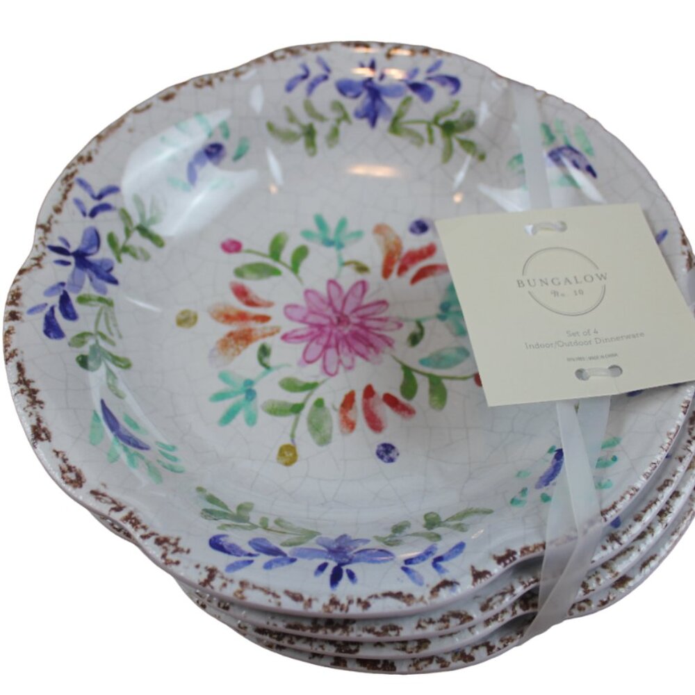 Bungalow No 10 Melamine Bowls Flower Rustic Shallow 8" Set of 4 Scalloped NWT